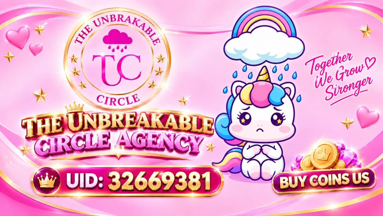 T. U. C Agency pink and gold brand artwork with a circle emblem, rainbow, unicorn and public ID 32669381